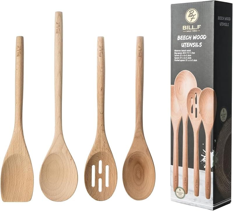 BF BILL.F SINCE 1983 Beech Wooden Cooking Utensil Set & Spoon Set, Kitchen Cooking Tools Kitchen Gadgets 4 Pieces Spoon & Spatula Mix Perfect for Nonstick Pots and Pans Cookware Turner - Kitchen Tools Gadgets