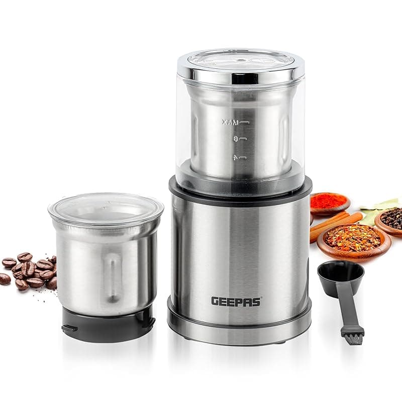 GEEPAS 200W Electric Coffee Grinder & Food Processor Wet & Dry Grinding | Stainless Steel Blades & Housing 75g Detachable Bowl for Coffee, Spices, Nuts & Chutney | Powerful & Compact Grinder – Silver - Coffee Tea Accessories