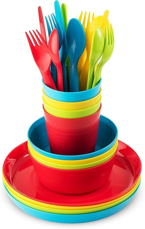 LATERN 24Pcs Reusable Plastic Dinnerware Set, 4 x Unbreakable Kids Dinner Plates & Salad Bowls, 4 x 240ml Cups, 4X Reusable Knife & Fork & Spoon - for Cereal Soup Snack Fruit Salad (4 Colors) - Tableware