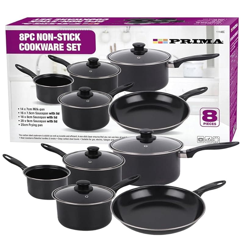 BARGAINS-GALORE 8pc Cookware Set with Lids & Bakelite Handle - Carbon Steel Non Stick Cooking Pan Saucepan Set Pot and Frying Pans | Suitable for Gas, Electric, Halogen, Solid Hotplates - Tempered Glass Lid, Black - Cookware