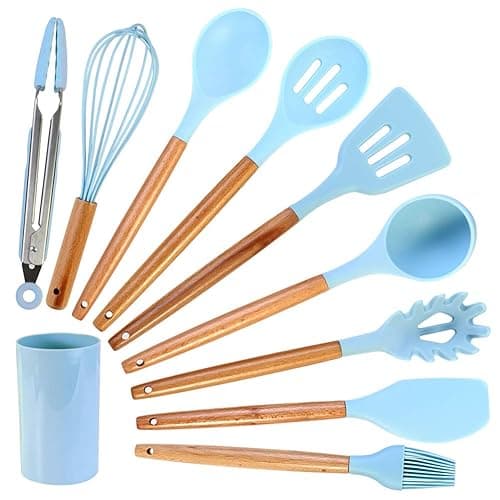Douup Silicone Cooking Utensils Set, 10Pcs Kitchen Utensil Set with Holder, Non-Stick Cookware, Heat Resistant Kitchen Gadgets Utensil Gift,Light Blue - Kitchen Tools Gadgets