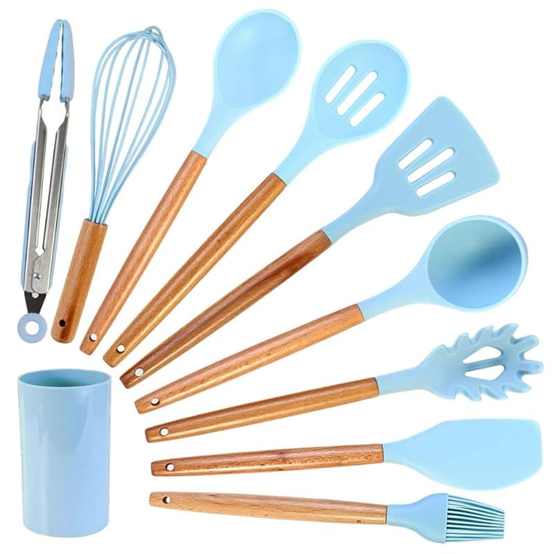 Douup Silicone Cooking Utensils Set, 10Pcs Kitchen Utensil Set with Holder, Non-Stick Cookware, Heat Resistant Kitchen Gadgets Utensil Gift,Light Blue - Kitchen Tools Gadgets