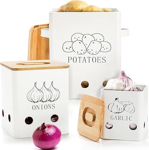 WUWEOT 3 Pack Vegetable Storage Tins, Metal Onion Garlic Potato Jars Set, Kitchen Canisters Vegetable Keeper Containers with Aerating Holes and Wooden Lid - Kitchen Storage