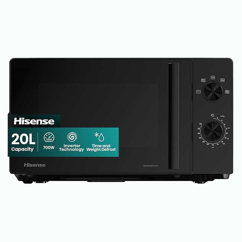 Hisense 700 Watts 20 Litre Inverter Microwave Oven H20MOBP1HIUK Black, Automatic Defrost, 5 power levels, Easy Clean, H24.1 x W43.4 x D32.9 cm Freestanding - Microwaves