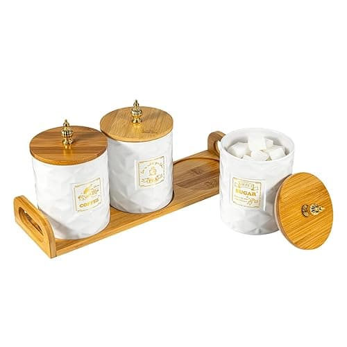 SUNNYNEST Ceramic Coffee Tea Sugar Canisters Set with Bamboo Lid & Tray – 3pcs White Airtight Food Storage Jars, Diamond Textured Ceramic Containers for Farmhouse Kitchen Countertop Decor - Kitchen Storage