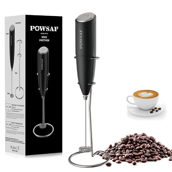 Milk Frother Handheld for Coffee with Stand - POWSAF Hand frother Wand, Electric Whisk Drink Mixer Mini Foamer for Cappuccino, Frappe, Matcha, Hot Chocolate, Silver/Black — Coffee Tea Accessories deal