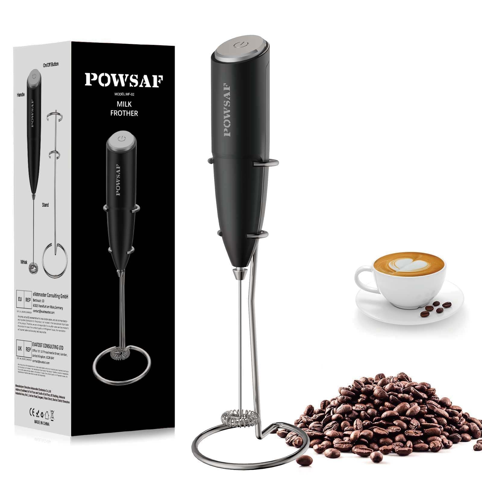 Milk Frother Handheld for Coffee with Stand - POWSAF Hand frother Wand, Electric Whisk Drink Mixer Mini Foamer for Cappuccino, Frappe, Matcha, Hot Chocolate, Silver/Black - Coffee Tea Accessories