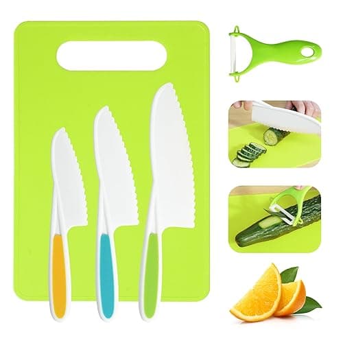 Koonie Kids Knife Set, 5 Pcs Montessori Kitchen Tools for Toddlers' Real Cooking for 3+, BPA Free Kids Safe Kitchen Cooking and Baking Set with Peeler, Cutting Board for Sandwich Bread Vegetable Fruit Gift - Kitchen Knives