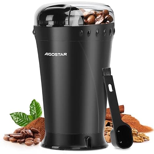 Aigostar Electric Coffee Grinder, Stainless Steel Blade, 200W, 60g Capacity, Cord Storage, Portable & Compact for Coffee Beans, Spice, Nuts, Seeds, Herbs, Black - Breath 30KYI. - Coffee Tea Accessories