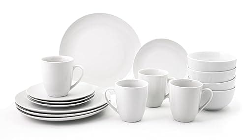 simpa 16PC Dinnerware Porcelain White Set: 4 Dinner Plates, 4 Side Plates, 4 Bowls & 4 Mugs. Dishwasher & Microwave Safe. - Tableware