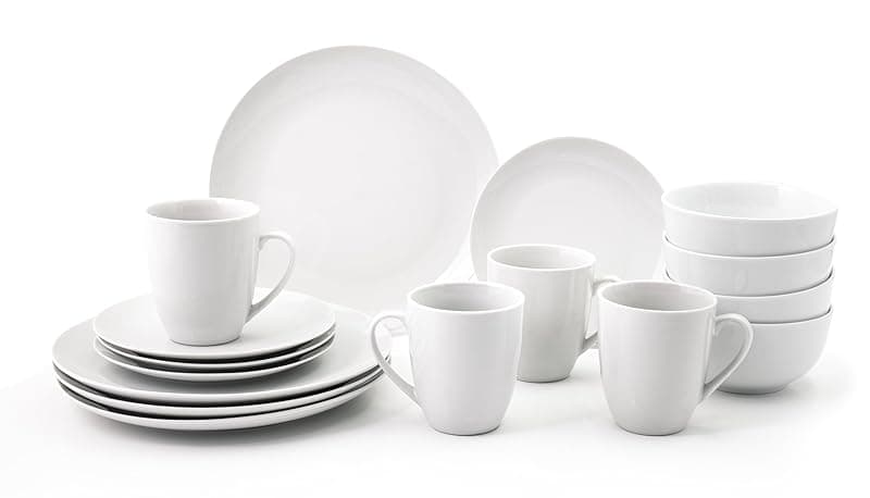 simpa 16PC Dinnerware Porcelain White Set: 4 Dinner Plates, 4 Side Plates, 4 Bowls & 4 Mugs. Dishwasher & Microwave Safe. - Tableware