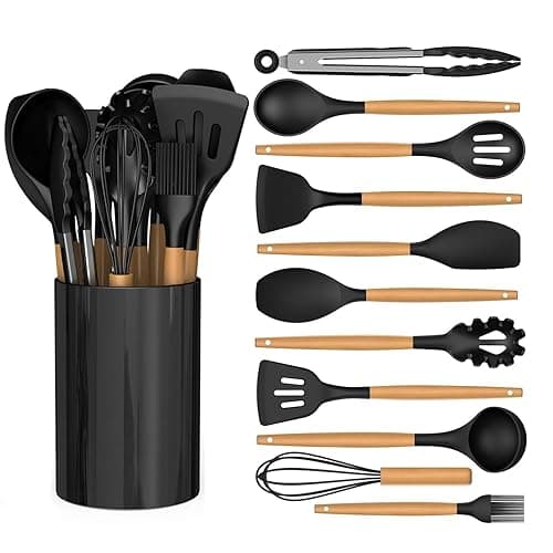 huipinghu 12 PCS Silicone Cooking Utensils Set with Wooden Handle, Kitchen Utensil Set, Heat Resistant, Nonstick Cookware Tongs Spatula Spoon Set, Dishwasher Safe, Best Kitchen Tools with Holder - Kitchen Tools Gadgets