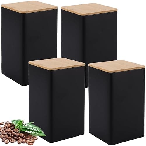 LDXDRU 4 Pack 1L Black Tea Coffee Sugar Canister with Bamboo Lid, Square Tin Plated Kitchen Storage Container, Food Storage Airtight Jar for Tea Coffee Sugar - 8.5 x 8.5 x 15cm - Kitchen Storage