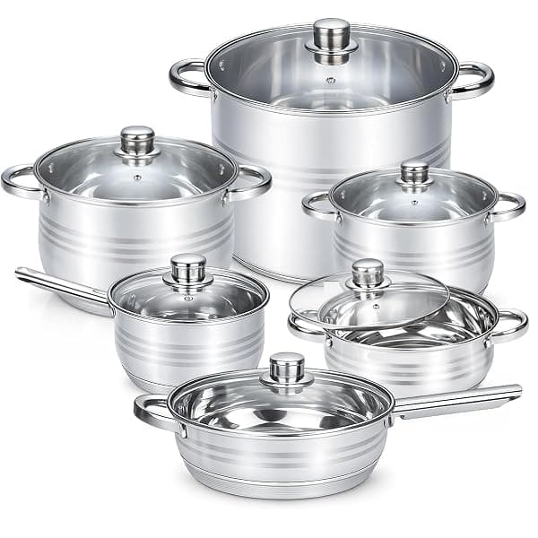 HOMSMYTH 12 Pcs Stainless Steel Pots and Pans Set - Induction Compatible Cooking Pots & Pans with Glass Lids - Casserole, Frypan, Saucepan, and Stockpot Set Dishwasher Safe Kitchen Cookware Set — Cookware deal