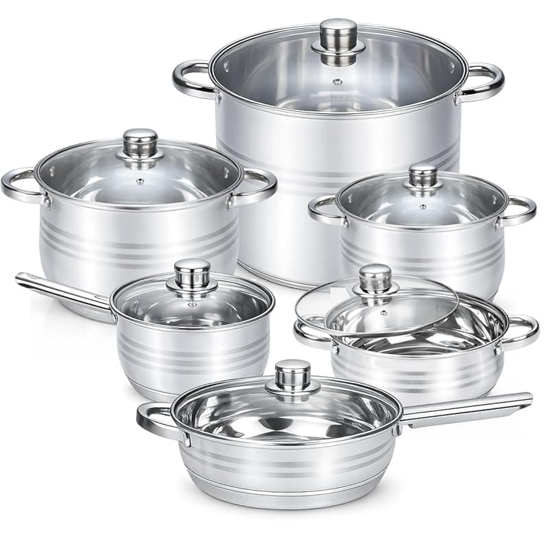 HOMSMYTH 12 Pcs Stainless Steel Pots and Pans Set - Induction Compatible Cooking Pots & Pans with Glass Lids - Casserole, Frypan, Saucepan, and Stockpot Set Dishwasher Safe Kitchen Cookware Set - Cookware