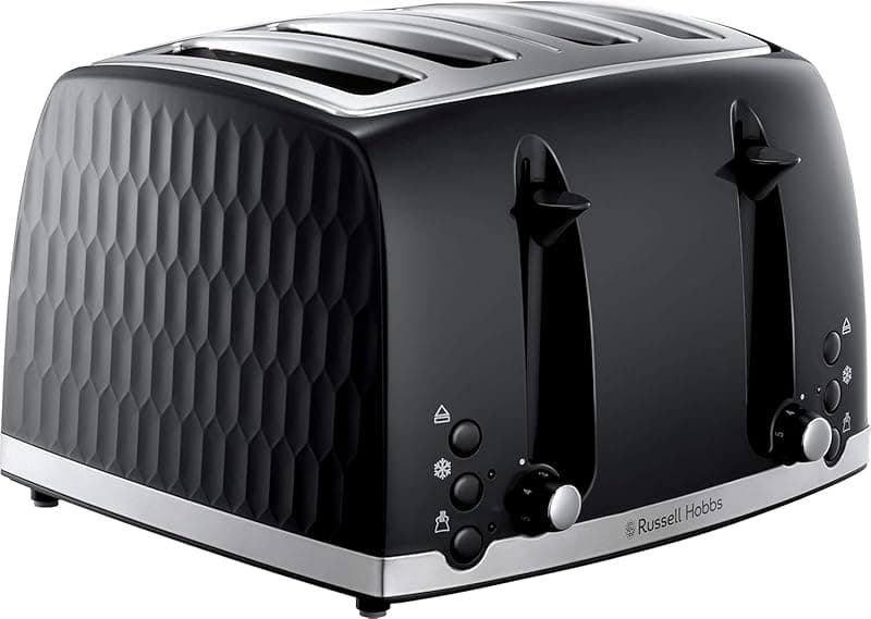 Russell Hobbs Honeycomb 4 Slice Toaster (Independent & Extra wide slots with high lift, 6 Browning levels, Frozen/Cancel/Reheat function, Removable crumb tray, 1500W, Black textured high gloss) 26071 - Toasters