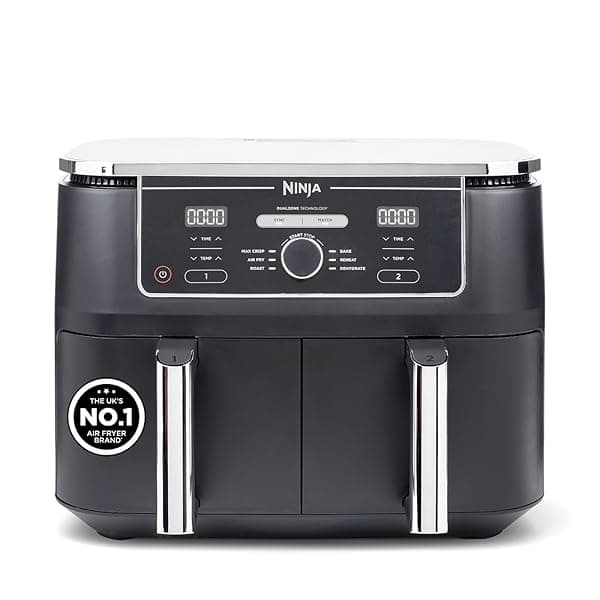 Ninja Foodi MAX Dual Zone Digital AirFryer, 2 Drawers, 9.5L, 6-in-1, Uses No Oil, Air Fry, Max Crisp, Roast, Bake, Reheat, Dehydrate, Cook 8 Portions, Non-Stick Dishwasher Safe Baskets, Black AF400UK — Air Fryers deal