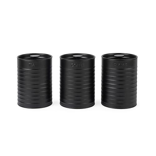 Russell Hobbs Ribbed 3-Piece Canister Set – Set of 3 Kitchen Storage Canisters for Tea, Coffee and Sugar, Durable Powder-Coated Steel, Pull Top Lids, Easy to Clean, Ribbed Design, Black - Kitchen Storage