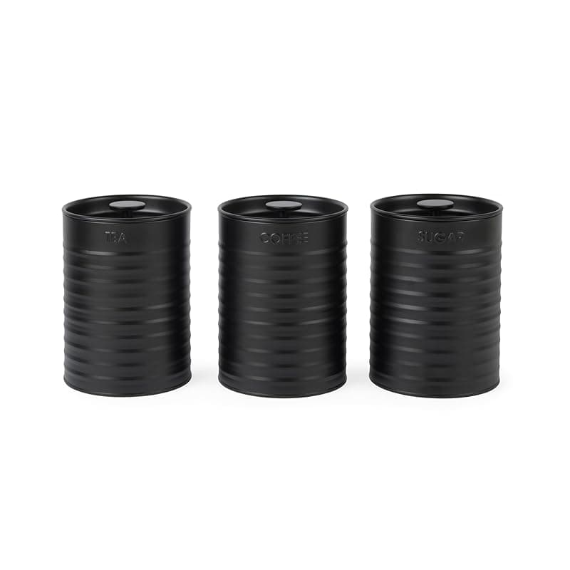Russell Hobbs Ribbed 3-Piece Canister Set – Set of 3 Kitchen Storage Canisters for Tea, Coffee and Sugar, Durable Powder-Coated Steel, Pull Top Lids, Easy to Clean, Ribbed Design, Black - Kitchen Storage