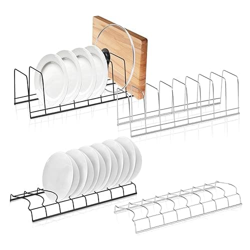 MOAMUN 4 PCS Plate Rack Bowl Rack Set, Plate Organiser for Kitchen Cupboard, Stainless Steel Plate Storage Dish Drying Rack Kitchen Cupboard Organiser for Pot Lid Bowl Plates Cutting Boards Bakeware - Bakeware