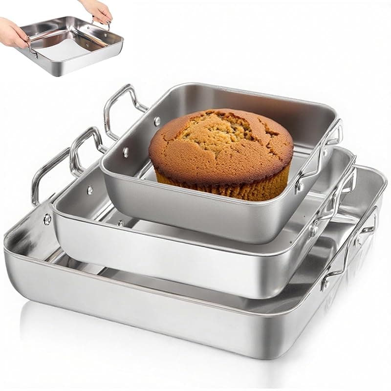 Tebery Set of 3 Square Cake Pan, Deep Stainless Steel Baking Pans with Handle, Nonstick Lasagna Brownie Roasting Pan, Sturdy Bakeware Serving Set for Birthday Wedding, Oven Dishwasher Safe - Bakeware