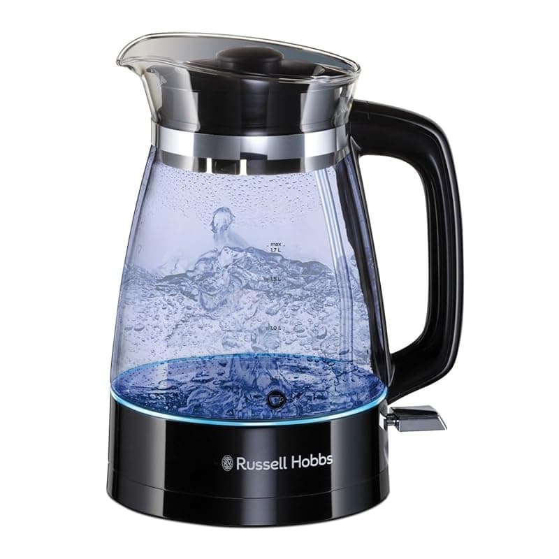 Russell Hobbs Carafe Style 1.7L Cordless Electric Glass Kettle with black handle, lid & base and blue internal illumination (Fast boil, 3KW, Anti-scale filter, Pull off lid, unique glass spout) 26080 - Kettles