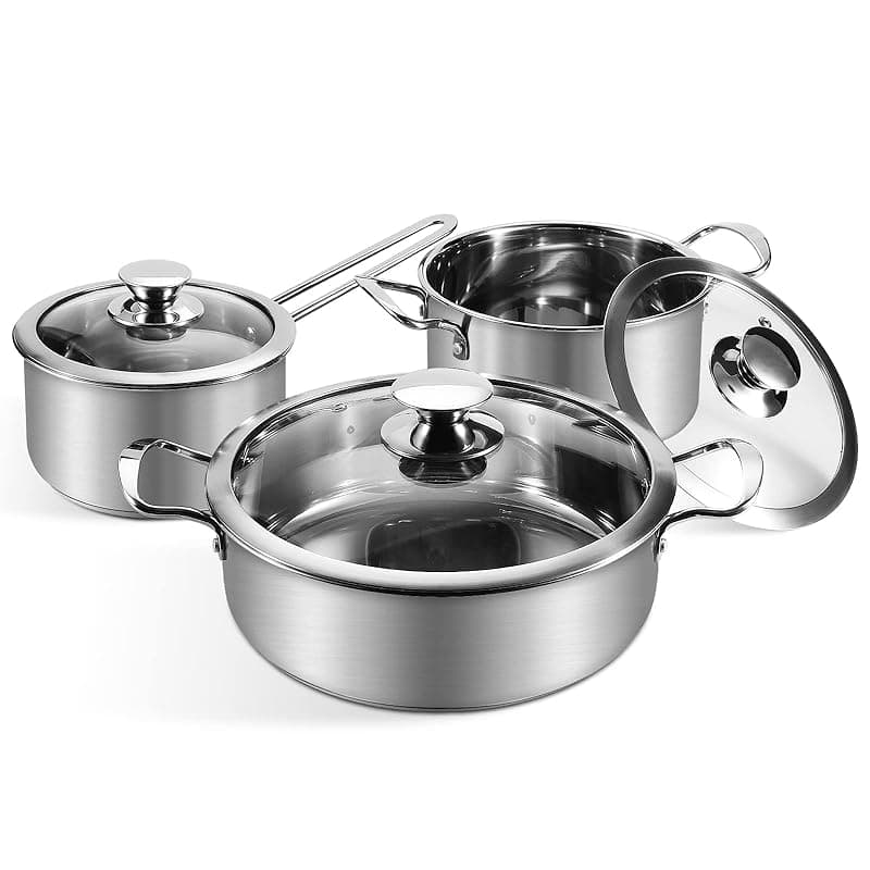 HENGTAIJI Saucepan Set 6 Pieces, Stainless Steel Pot and Pan Set, Saucepan with Glass Lids Cookware, Cookware Set Compatible with Induction, Gas and Electric Hobs - Cookware