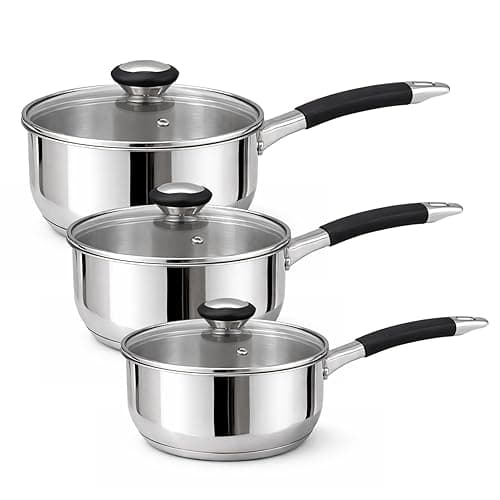 3-Piece Stainless Steel Saucepan Set with Glass Lids – 16cm / 18cm / 20cm | Induction-Compatible Cooking Pots | Heat-Resistant Handles | Dishwasher Safe Cookware for Gas, Electric & Ceramic Hobs