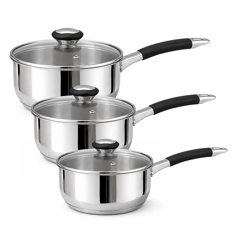 HOMSMYTH 3-Piece Stainless Steel Saucepan Set with Glass Lids – 16cm / 18cm / 20cm | Induction-Compatible Cooking Pots | Heat-Resistant Handles | Dishwasher Safe Cookware for Gas, Electric & Ceramic Hobs - Cookware