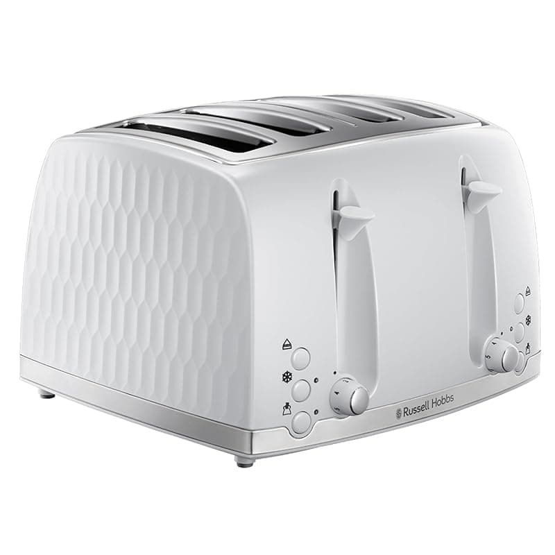 Russell Hobbs Honeycomb 4 Slice Toaster (Independent & Extra wide slots with high lift, 6 Browning levels, Frozen/Cancel/Reheat function, Removable crumb tray, 1500W, White textured high gloss) 26070 - Toasters