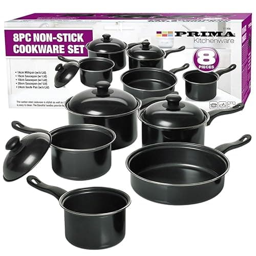 HomeVibe 8-Piece Non-Stick Carbon Steel Saucepan Set | Durable Cookware Set with Glass Lids & Bakelite Handles | Induction Compatible Pots & Pans for Home Kitchen Cooking - Cookware