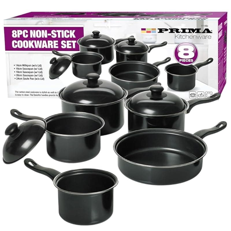 HomeVibe 8-Piece Non-Stick Carbon Steel Saucepan Set | Durable Cookware Set with Glass Lids & Bakelite Handles | Induction Compatible Pots & Pans for Home Kitchen Cooking - Cookware