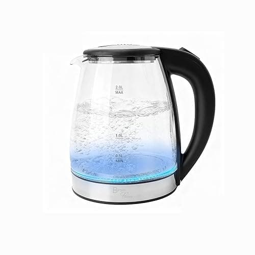 BARGAIN FACTORY Electric Kettle Glass 2L – 1800W Fast Boil, BPA-Free, Quiet Boil, Blue LED, No Plastic, Boil-Dry Protection, Black Electric Glass Kettle - Kettles