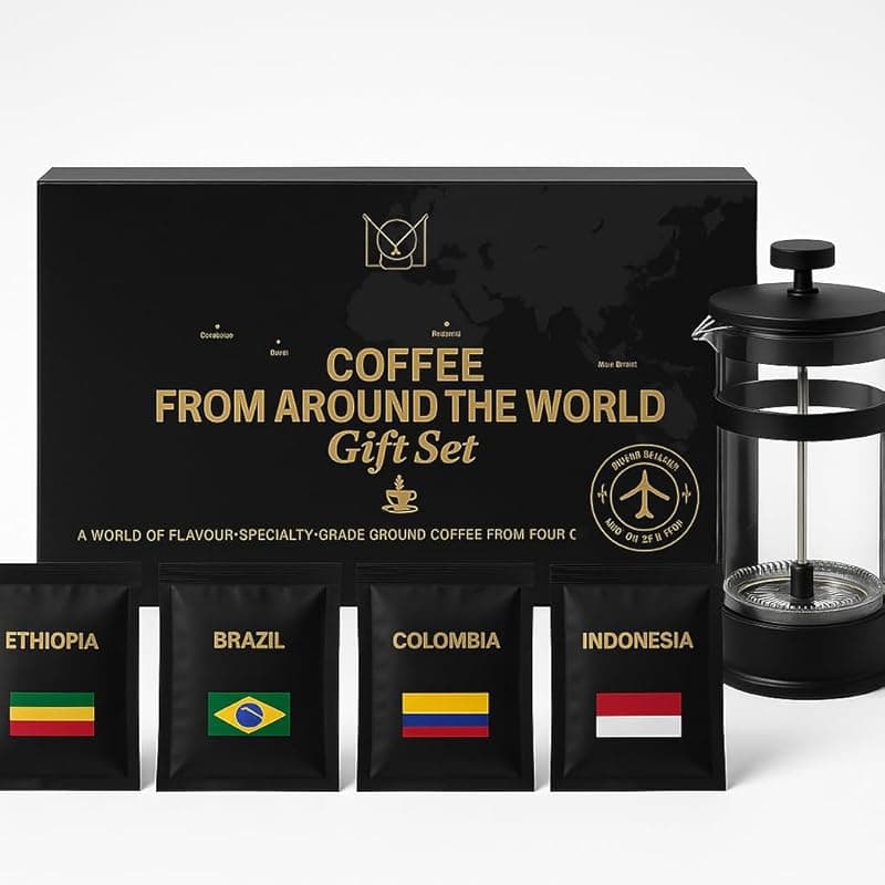 ICMinds Luxury Hampers World Coffee Gift Set with French Press Coffee Maker – 4 Finest Single Origins | Premium Ground Coffee Gift Box Cafetiere | Hamper Style Ultimate Xmas Gift idea for Men, Dads, Coffee Lovers & Foodies - Coffee Tea Accessories