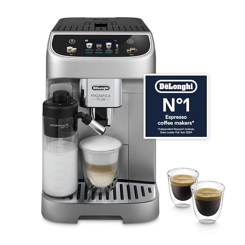 De'Longhi ECAM322.70.SB Magnifica Plus Automatic Coffee Machine with LatteCrema Hot, Bean to Cup Espresso Machine with 18 One-Touch Recipes, Full-Touch Control Panel, 1450W, Silver/Black - Coffee Machines