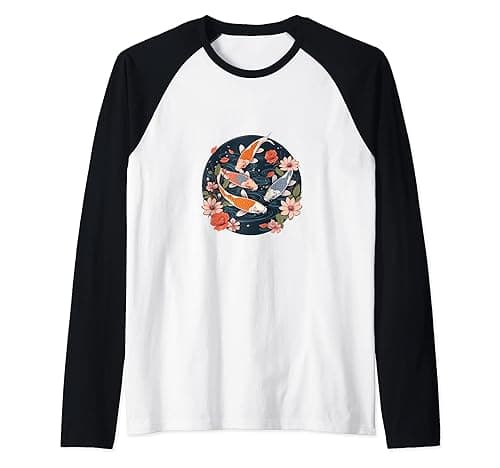 SakuraKoi Blossom Lotus Reflections Koi Fish and Lotus Flower Poster Raglan Baseball Tee - Bakeware