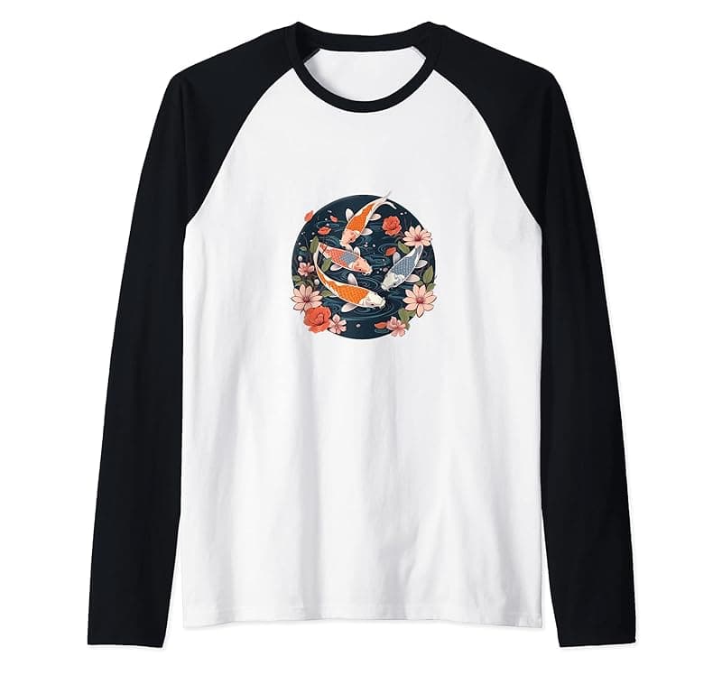 SakuraKoi Blossom Lotus Reflections Koi Fish and Lotus Flower Poster Raglan Baseball Tee - Bakeware
