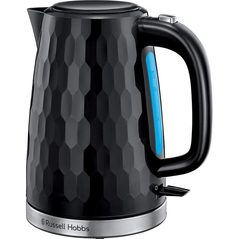 Russell Hobbs Honeycomb Electric 1.7L Cordless Kettle (Fast Boil 3KW, Black premium plastic, matt & high gloss finish, Removable washable anti-scale filter, Push button lid, Perfect pour spout) 26051 - Kettles
