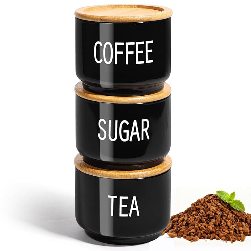 ComSaf Tea Coffee Sugar Canisters, 450mL Glass Black Tea Coffee and Sugar Canisters Set of 3, Stackable Glass Jars with Airtight Bamboo Lids, Lightproof Containers for Home Kitchen Food Storage - Kitchen Storage