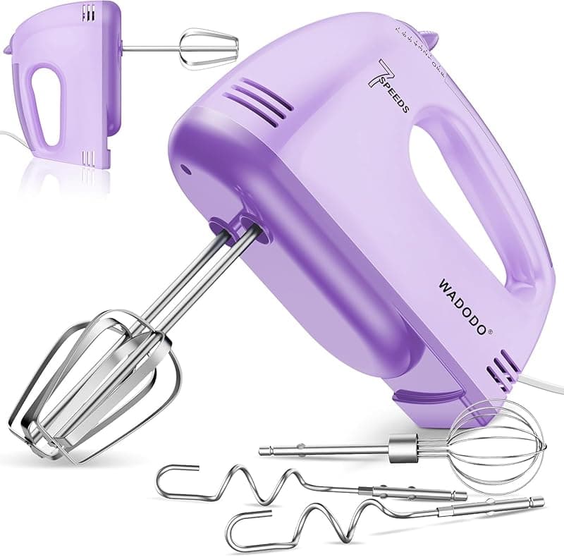 WADODO Electric Hand Mixer, 7-Speeds Small Handheld Mixer with 5 * 304 Stainless Steel Beaters, Dough Hooks & Whisk Attachment, Portable Food KitchenMixer for Baking Cake Cookies Cream, Purple - Stand Mixers
