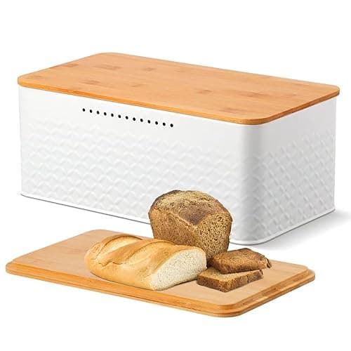 Chuboir Bread Bin, Metal Bread Box with Bamboo Lid Usable as Cutting Board, Bread Storage Container Holder for Kitchen Countertop, 13 x 7 x 5.3 inch (White) - Kitchen Storage