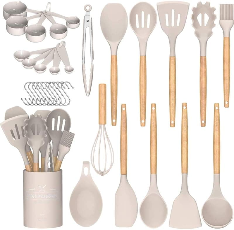 Umite Chef Kitchen Cooking Utensils Set, 24 pcs Non-Stick Silicone Spatula Set with Holder, Wooden Handle Heat Resistant Kitchen Gadgets (Khaki) - Kitchen Tools Gadgets