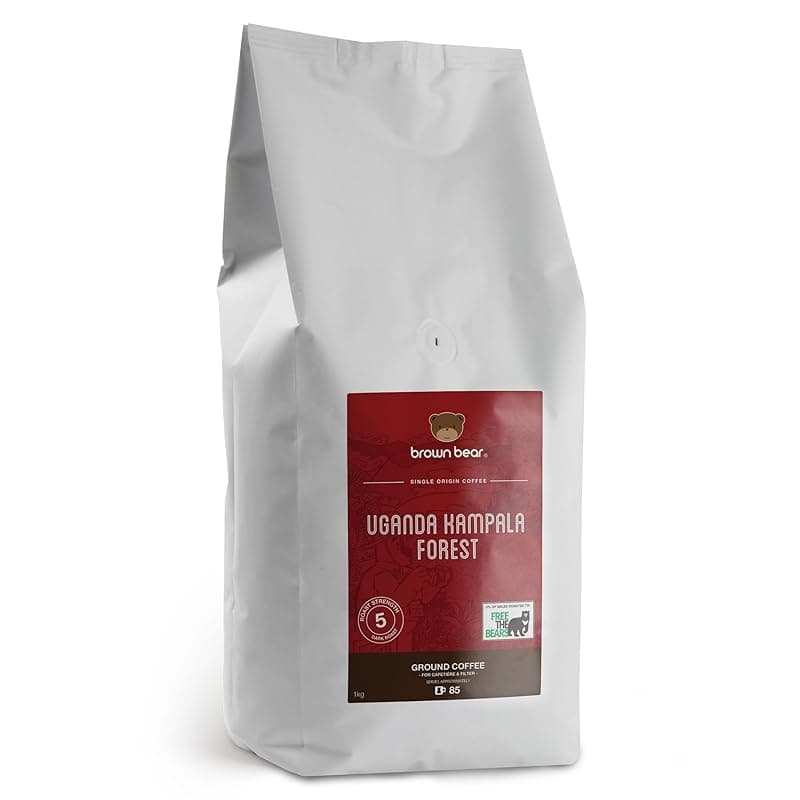 Brown Bear Uganda Ground Coffee 1kg - Very Strong Dark Roast Ugandan Robusta Coffee - Brown Bear - For Cafetiere French Press V60 Filter - Strength 5 - Donation to Free The Bears - Coffee Tea Accessories