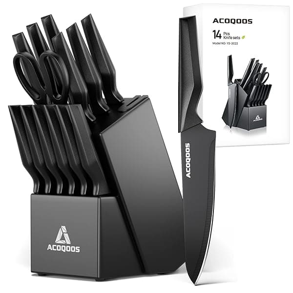 Knife Set with Block, 14 Piece with Built-in Sharpener, Kitchen Knives for Chopping, Slicing, Dicing Cutting by ACOQOOS — Kitchen Knives deal