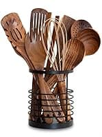 Premium Teak Kitchen Utensils Set - 11 Piece Wooden Spoon Collection with Utensil Holder for Non-Stick Cookware, Heat-Resistant, Eco-Friendly & Durable, Handcrafted Natural Teak Spatulas for Cooking