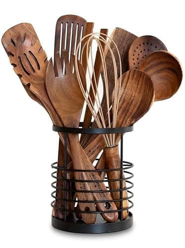 Elite Creations Premium Teak Kitchen Utensils Set - 11 Piece Wooden Spoon Collection with Utensil Holder for Non-Stick Cookware, Heat-Resistant, Eco-Friendly & Durable, Handcrafted Natural Teak Spatulas for Cooking - Kitchen Tools Gadgets