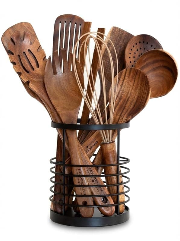Elite Creations Premium Teak Kitchen Utensils Set - 11 Piece Wooden Spoon Collection with Utensil Holder for Non-Stick Cookware, Heat-Resistant, Eco-Friendly & Durable, Handcrafted Natural Teak Spatulas for Cooking - Kitchen Tools Gadgets