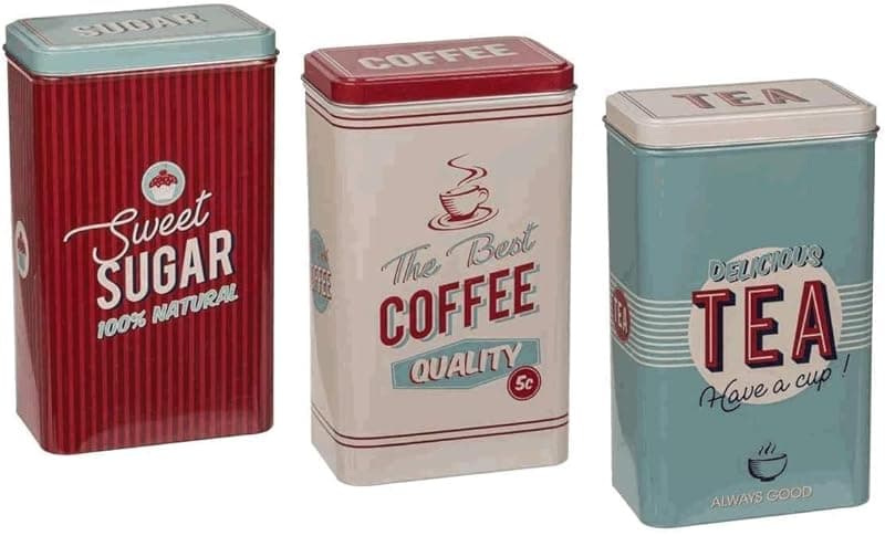 Almineez Retro Set of 3 Stainless Steel Tea Coffee Sugar Jar Canisters Kitchen Container Tins Storage Organiser Set Air Tight Vintage Design - Kitchen Storage