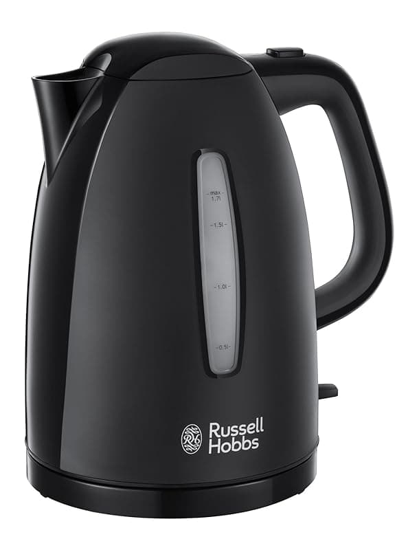 Russell Hobbs Textures Electric 1.7L Cordless Kettle (Fast Boil 3KW, Black Premium Plastic, matt & high Gloss Finish, Removable Washable Anti-Scale Filter, Push to Open lid, Perfect Pour spout) 21271 - Kettles