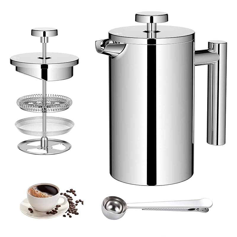 Eidoct 350ml Stainless Steel Double Wall Heat Resistant Coffee Press, Double Walled Insulation French Press Cafetiere, 3 Level Filter Double-Walled Insulated Stainless for Home and Office - Coffee Tea Accessories
